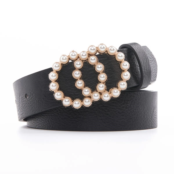 Women PU Leather Belts with Pearl Studded Double O Ring Buckle for Pants Dress