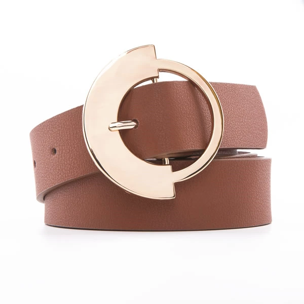 Ladies Plain PU Leather Belts with Big D Semicircle Metal Buckle