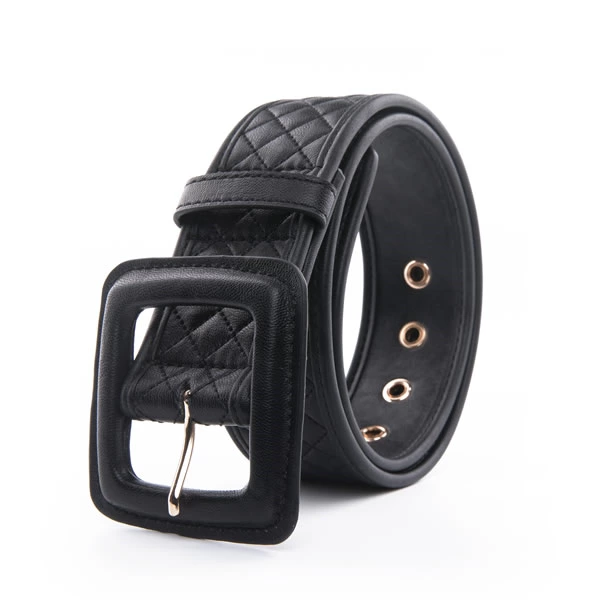 Womens Sewing Thread Rhombus Pattern Stitching PU Leather with Ultralight Square Pin Buckle