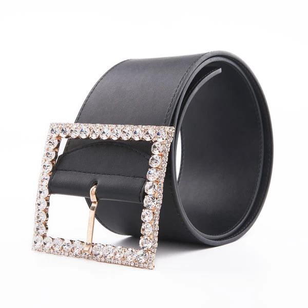 Ladies Fashion Shiny Diamond Crystal Leather Belt with Full Rhinestone Buckle