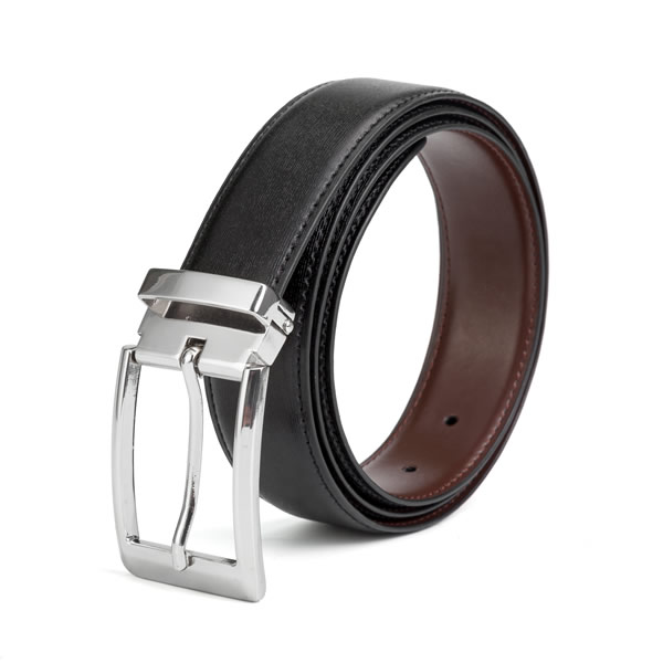 Silver Reversible Pin Belt Buckle PU Leather Belt Men