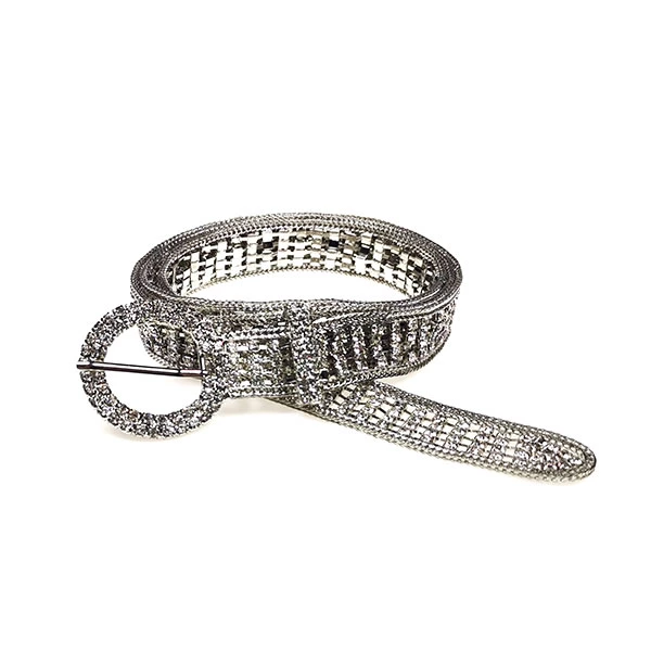 Women Rhinestone Belt Sparkle Silver Chain with O Ring Buckle