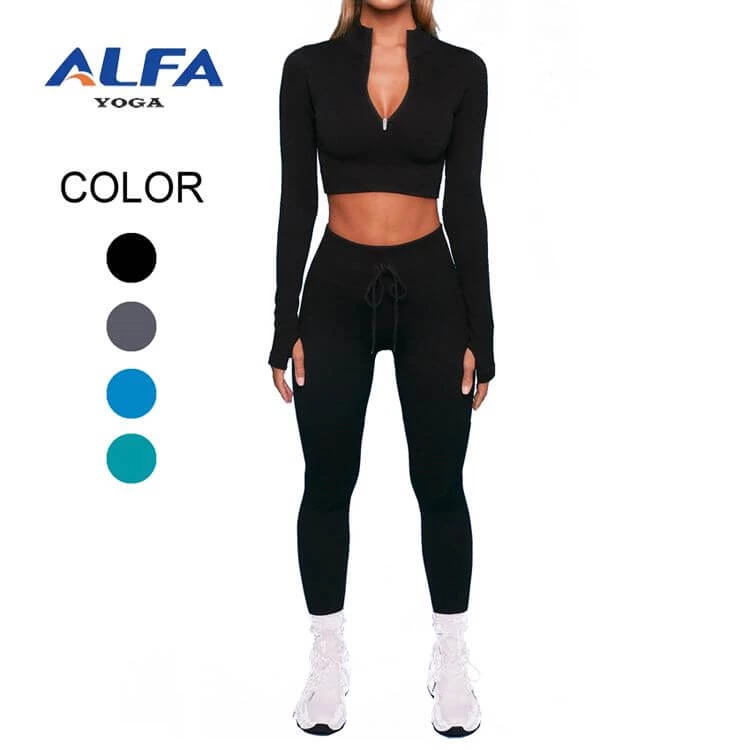 ALFA Sexy Long Sleeve Zipper Top Drawstring Pants Workout Clothing Women Set