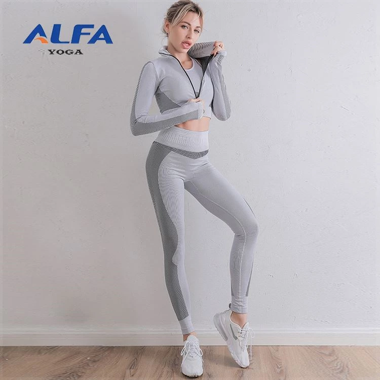 ALFA New Long Sleeve Yoga Sets Fashion Fitness Wear Breathable Yoga Top Seamless Elastic Gym Clothes for Women