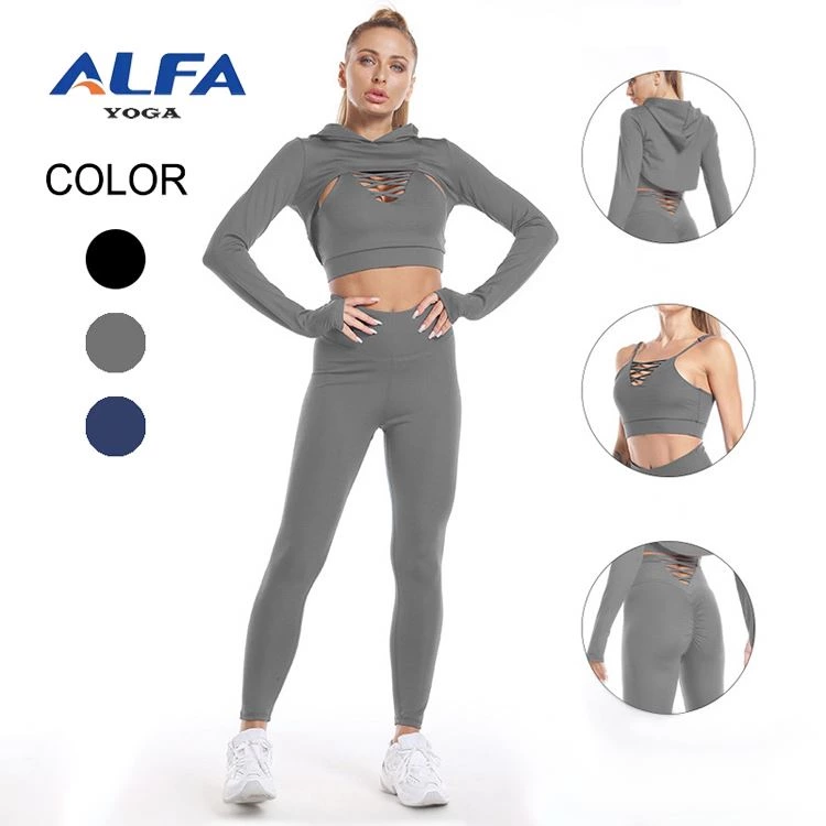 ALFA Workout Suits for Women 3 Pcs Crop Top with Butt Lifting Leggings Crisscross Sports Bra Yoga Outfits Set