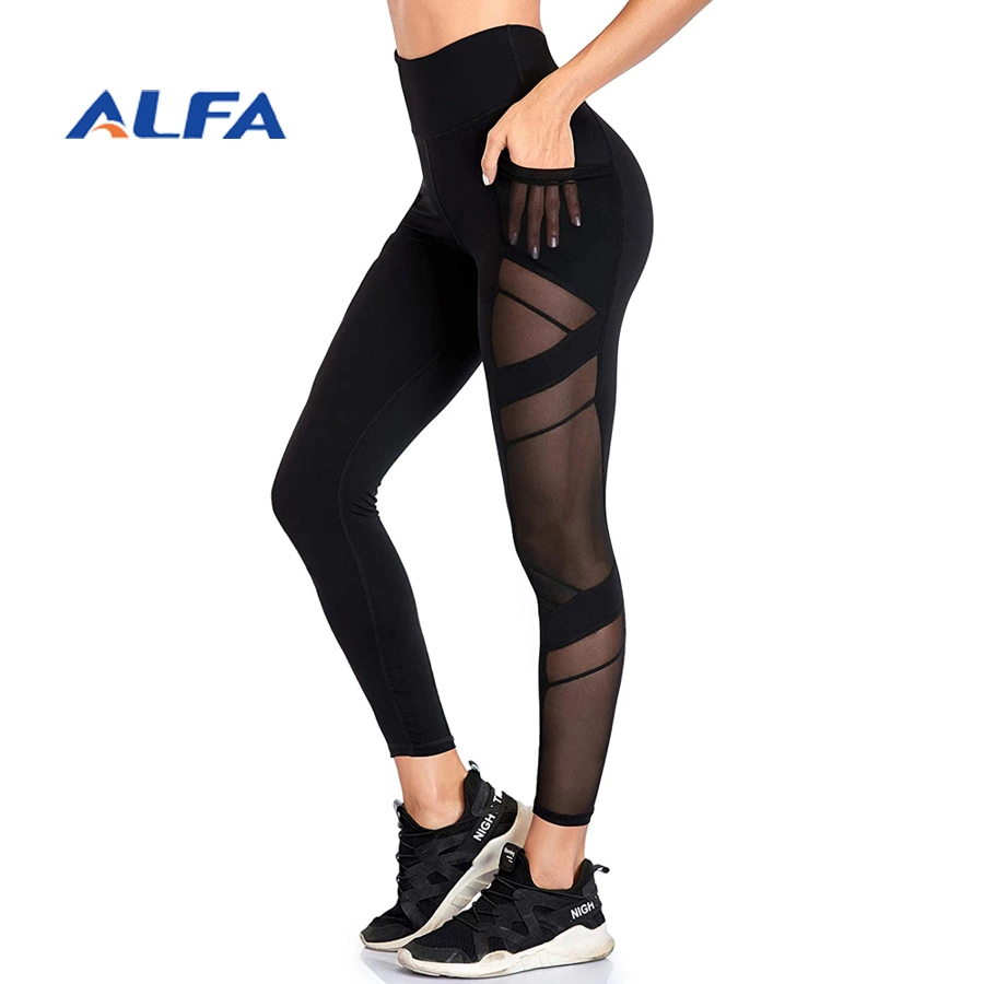 ALFA 4 Way Stretch Workout Mesh High Waist Leggings with Pockets for Women