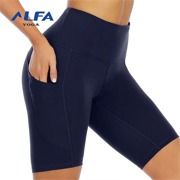 ALFA  8" Solid High Waist Women's Workout Yoga Biker Shorts with Side Pockets