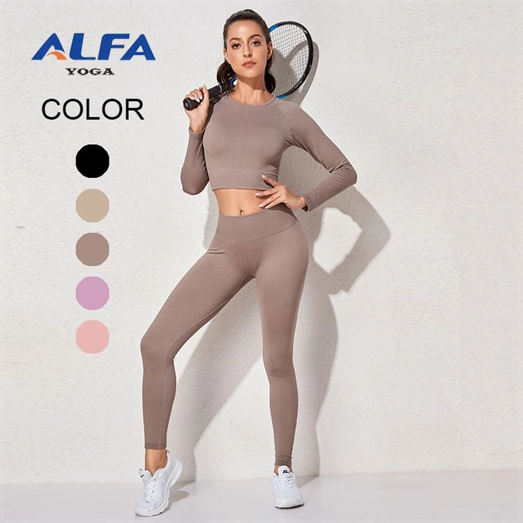 ALFA High Waist Solid Color Quick Dry Gym Yoga Leggings Seamless Sports Workout Clothing Women Set