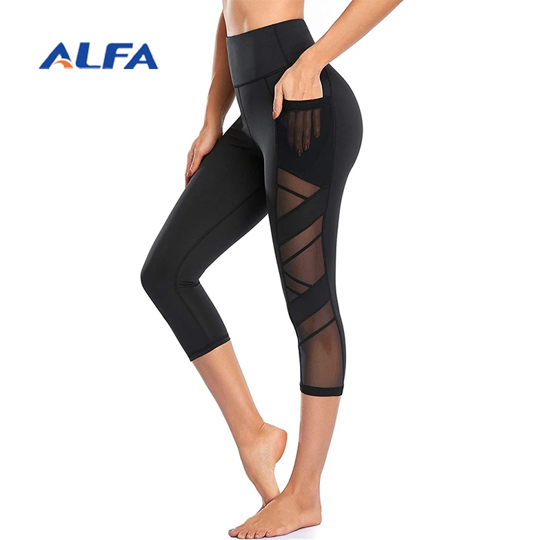 ALFA Women's 4 Way Stretch Workout Mesh High Waist Cropped Pants Yoga Leggings with Pockets