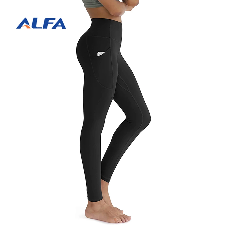 ALFA Women Solid Athletic Workout Running Tummy Control Yoga Pants with Pockets